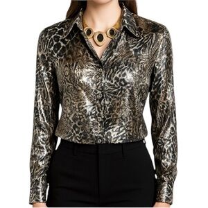 Simon Chang Black Silver Brown Animal Print Crinkle Silky Blouse 12